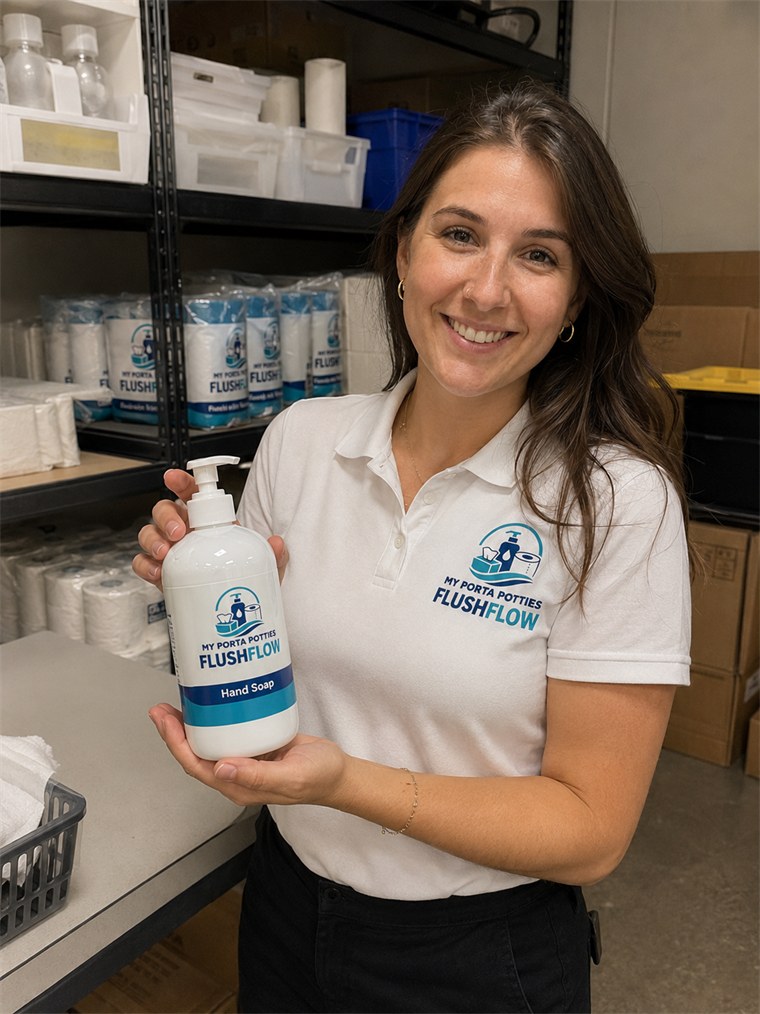 Store staff member holding an own-label hand soap bottle beside stocked shelves