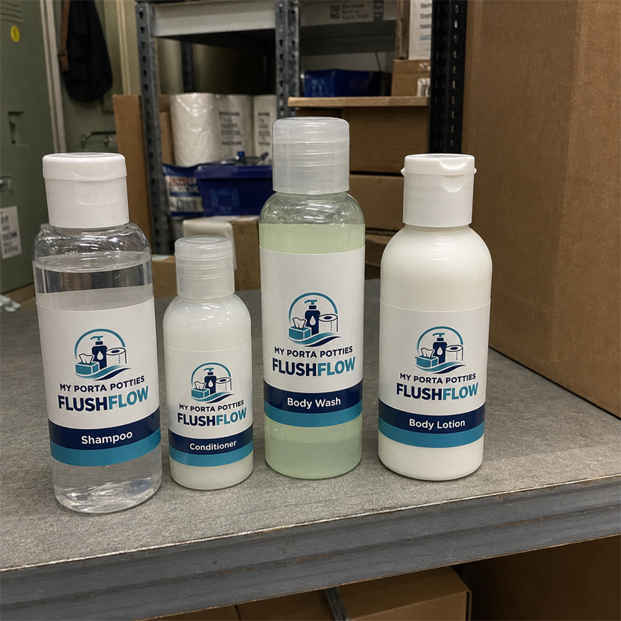 Product display of My Porta Potties Flushflow bottled personal-care products and hygiene supplies