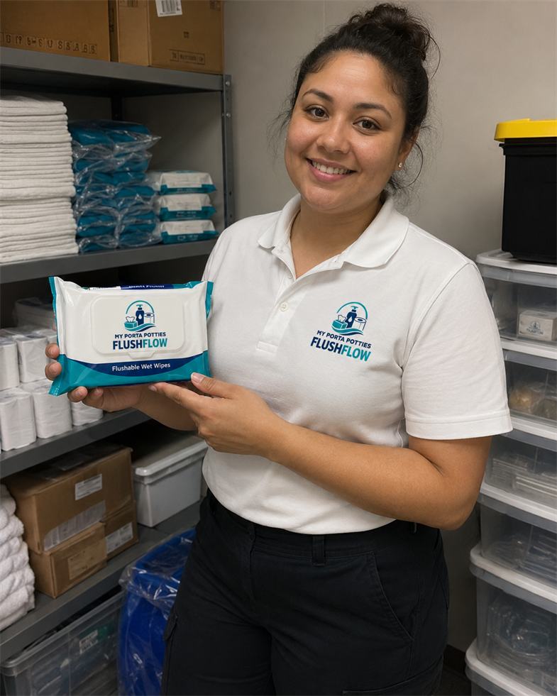 Friendly My Porta Potties Flushflow team member holding branded flushable wipes in a supply room