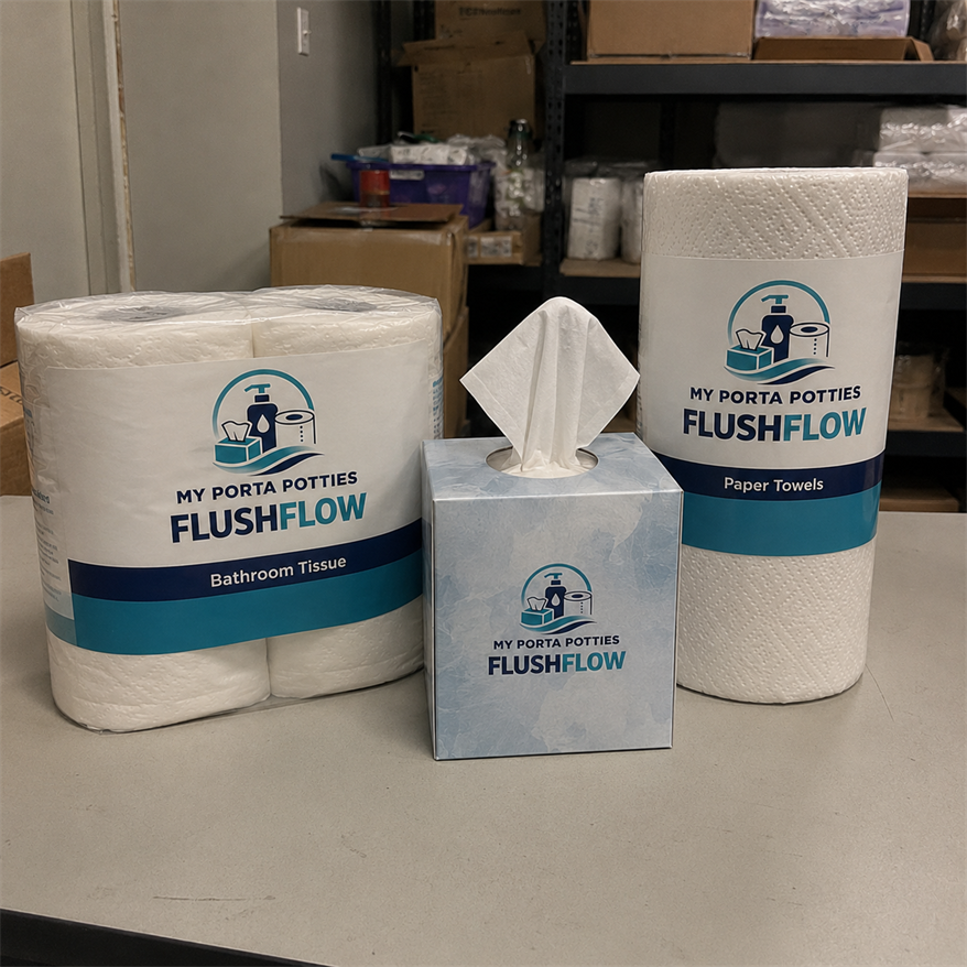 My Porta Potties Flushflow paper towels, tissues, and restroom paper supplies