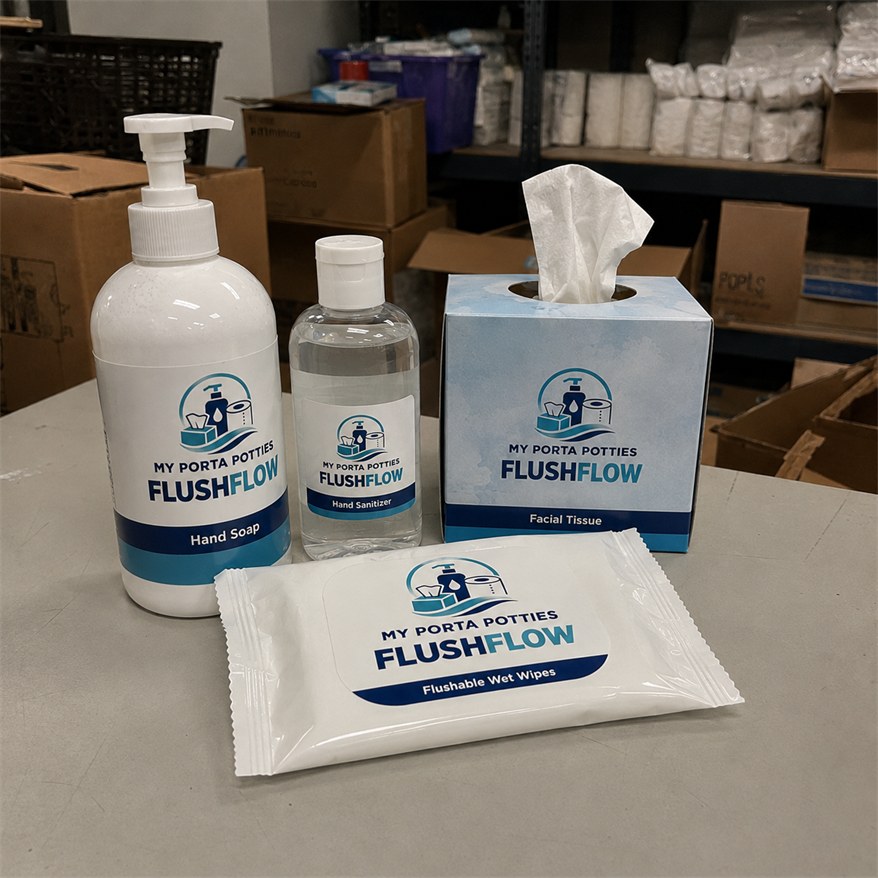 Own-label hand soap, hand sanitizer, facial tissue and flushable wet wipes