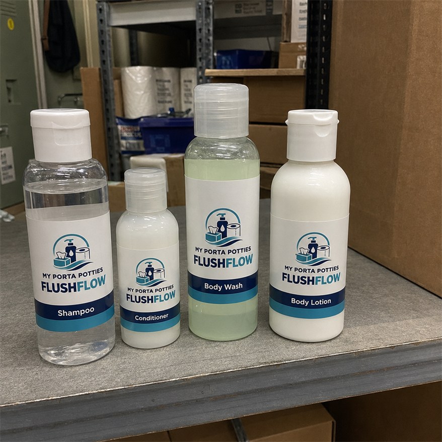Own-label shampoo, conditioner, body wash and body lotion bottles